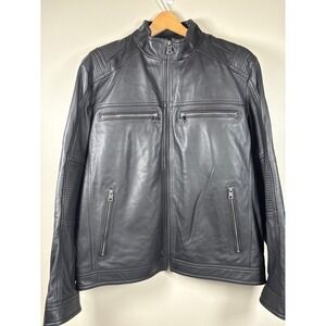 Roundtree & Yorke Mens Black Genuine Lamb Leather Moto Cafe Racer Jacket Large